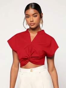 SHEIN Essnce 休閒前紐扣 扭結純色女士襯衫 - 紅色 - 查看 4