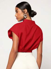 SHEIN Essnce 休閒前紐扣 扭結純色女士襯衫 - 紅色 - 查看 2