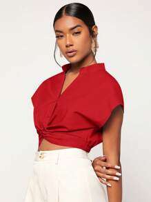 SHEIN Essnce 休閒前紐扣 扭結純色女士襯衫 - 紅色 - 查看 3