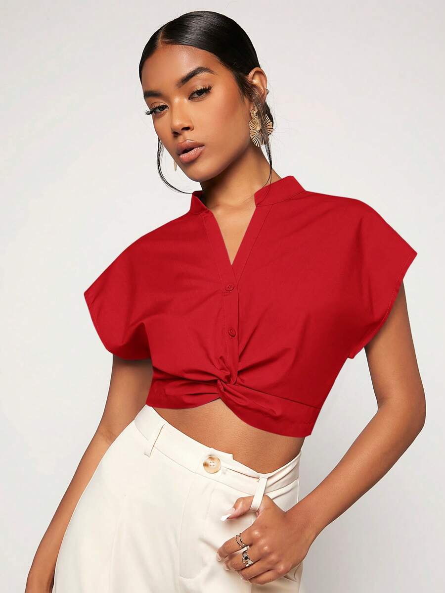 SHEIN Essnce 休閒前紐扣 扭結純色女士襯衫 - 紅色 - 查看 1