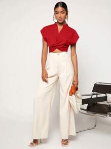 SHEIN Essnce 休閒前紐扣 扭結純色女士襯衫 - 紅色 - 查看 5