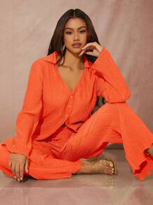 SHEIN BAE unicolor con botón delantero Camisa & Pantalones de pierna ancha - Naranja - Ver 1