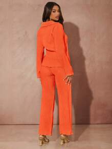 SHEIN BAE unicolor con botón delantero Camisa & Pantalones de pierna ancha - Naranja - Ver 2