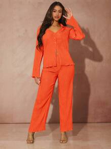 SHEIN BAE unicolor con botón delantero Camisa & Pantalones de pierna ancha - Naranja - Ver 4