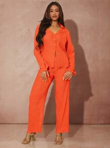 SHEIN BAE unicolor con botón delantero Camisa & Pantalones de pierna ancha - Naranja - Ver 6
