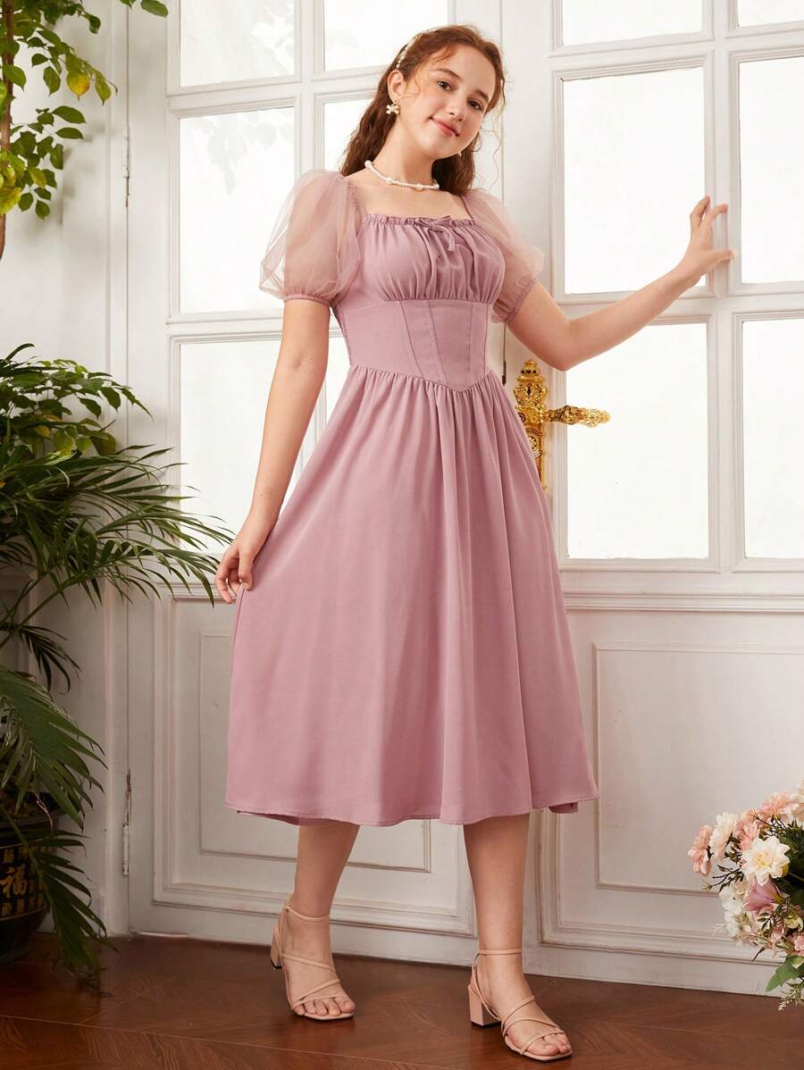 SHEIN Teen Girls Contrast Mesh Puff Sleeve Ruched Bust Dress