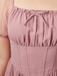 SHEIN Teen Girls Contrast Mesh Puff Sleeve Ruched Bust Dress - Dusty Pink - View 6