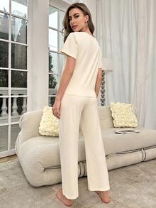 Slogan Graphic Tee & Trousers Lounge Set - Beige - View 2