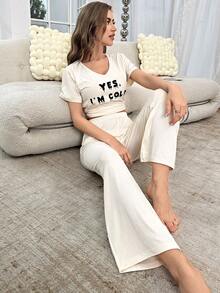 Slogan Graphic Tee & Trousers Lounge Set - Beige - View 4