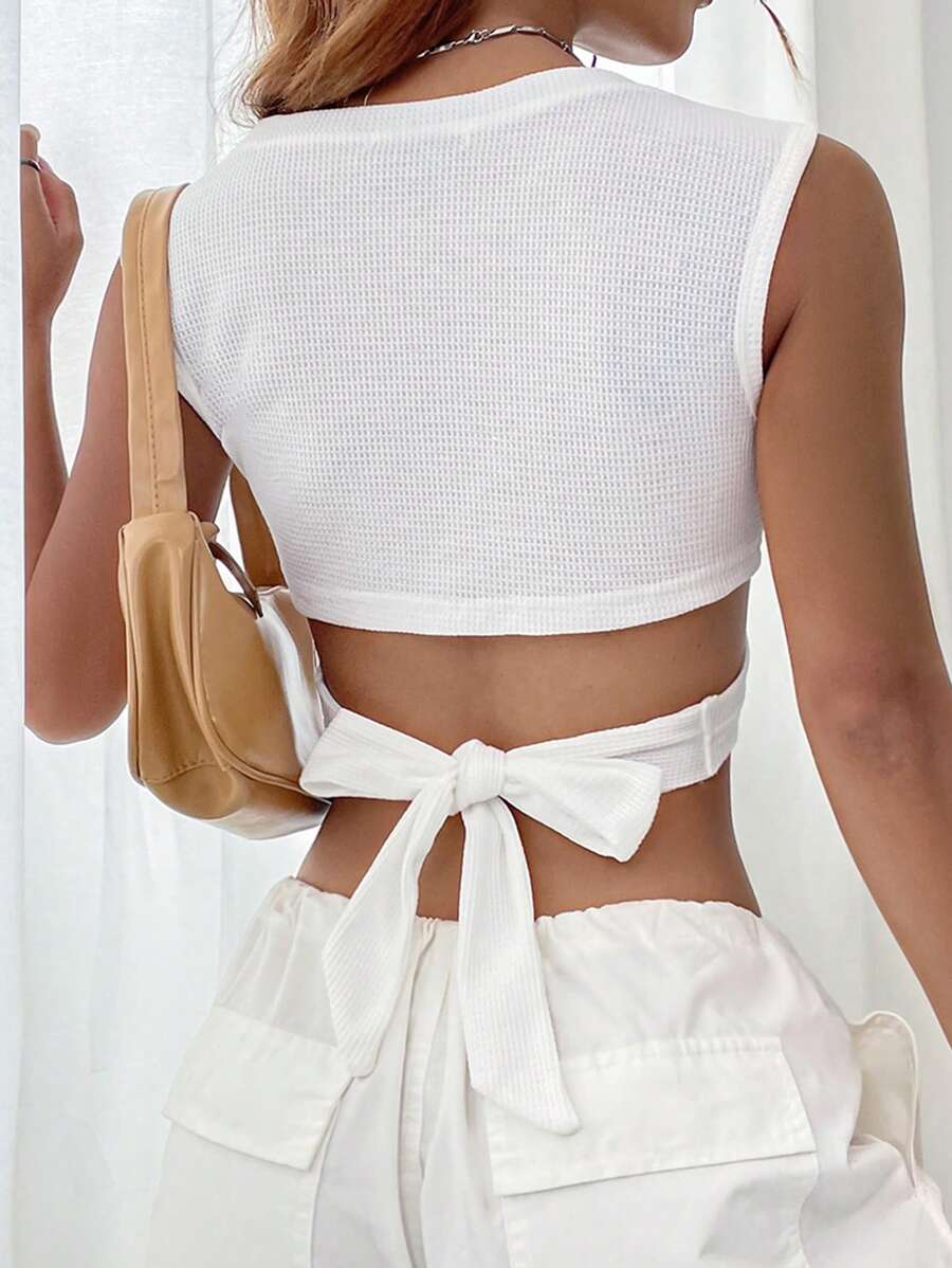 SHEIN Qutie Tie Back Crop Tank Top - White - View 1