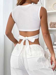 SHEIN Qutie Tie Back Crop Tank Top - White - View 6