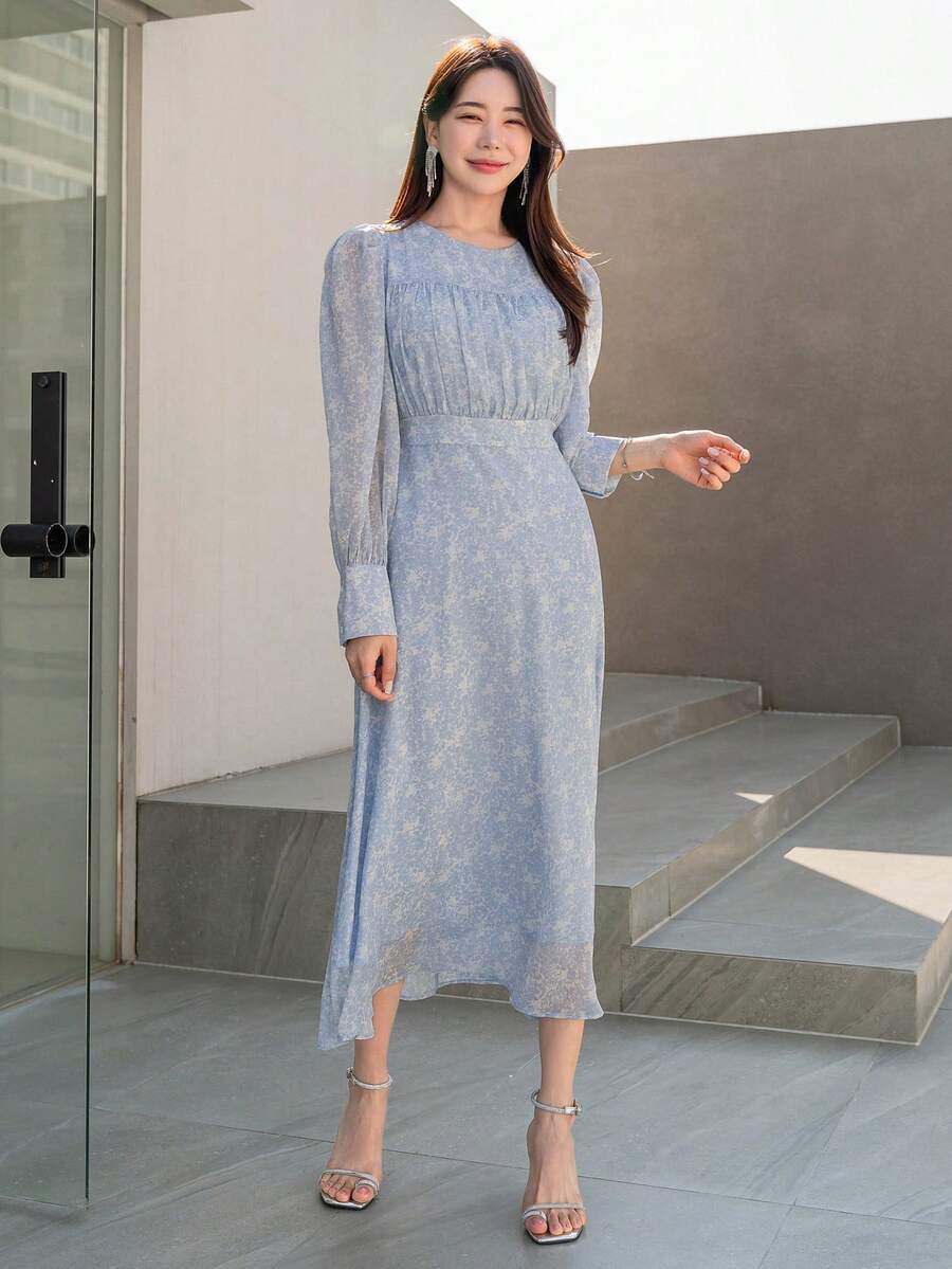 DAZY Đầm Buộc lại Tất cả trên in Thanh lịch - Màu xanh nhạt - Xem 1