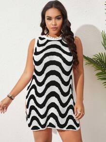 Slaydiva Summer Beach Plus Wave Striped Pattern Split Thigh Cover Up Dress - Black and White - View 3