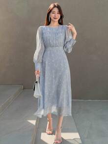 DAZY Đầm Buộc lại Tất cả trên in Thanh lịch - Màu xanh nhạt - Xem 4