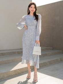DAZY Đầm Buộc lại Tất cả trên in Thanh lịch - Màu xanh nhạt - Xem 7