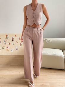 SHEIN Essnce Striped Print Button Front Vest Blazer & Wide Leg Trousers - Baby Pink - View 1