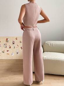 SHEIN Essnce Striped Print Button Front Vest Blazer & Wide Leg Trousers - Baby Pink - View 2