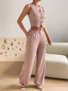 SHEIN Essnce Striped Print Button Front Vest Blazer & Wide Leg Trousers - Baby Pink - View 3