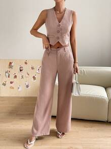 SHEIN Essnce Striped Print Button Front Vest Blazer & Wide Leg Trousers - Baby Pink - View 4