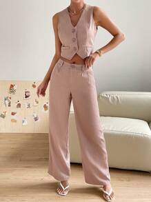 SHEIN Essnce Striped Print Button Front Vest Blazer & Wide Leg Trousers - Baby Pink - View 5