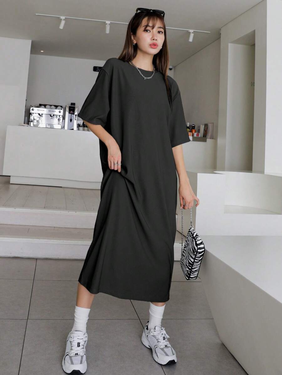 DAZY 纯色落肩 T 恤连衣裙太阳裙 - 黑色 - 查看 1
