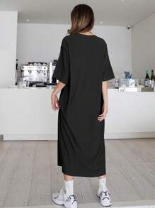 DAZY 纯色落肩 T 恤连衣裙太阳裙 - 黑色 - 查看 2