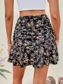 SHEIN VCAY Falda con estampado floral fruncido bajo con fruncido - Negro - Ver 2