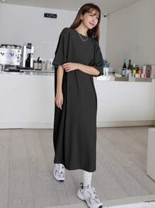 DAZY 纯色落肩 T 恤连衣裙太阳裙 - 黑色 - 查看 3
