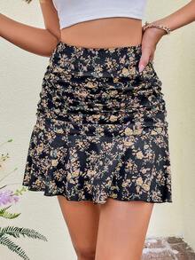 SHEIN VCAY Falda con estampado floral fruncido bajo con fruncido - Negro - Ver 3
