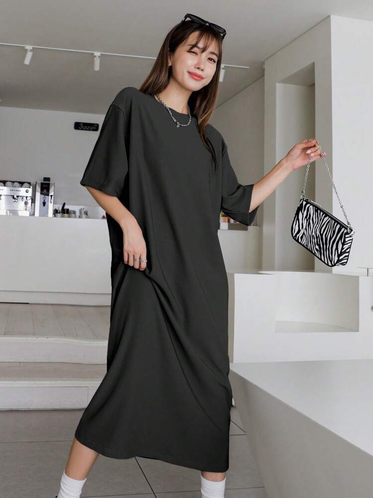 DAZY Spring Summer Autumn Round Neck Short Sleeve Loose Fit Solid