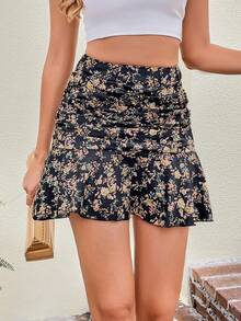 SHEIN VCAY Falda con estampado floral fruncido bajo con fruncido - Negro - Ver 4