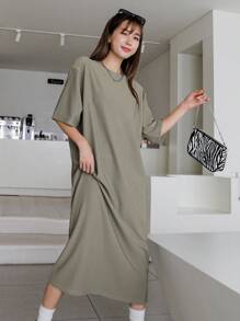 DAZY 纯色落肩 T 恤连衣裙太阳裙 - 軍綠色 - 查看 5