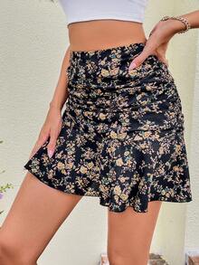 SHEIN VCAY Falda con estampado floral fruncido bajo con fruncido - Negro - Ver 5