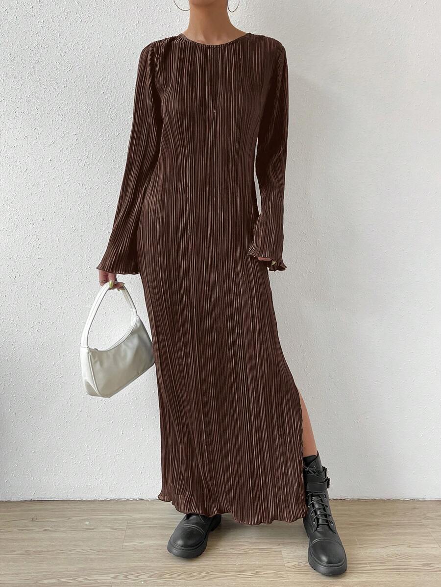 SHEIN Essnce 素色下擺開叉木耳邊褶皺洋裝