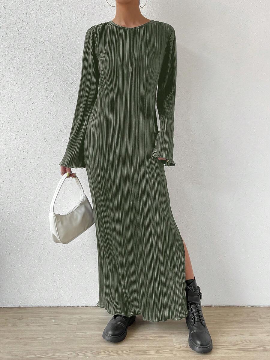 SHEIN Essnce 素色下擺開叉木耳邊褶皺連衣裙 - 橄欖綠 - 查看 1