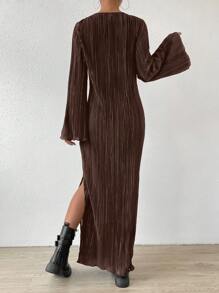 SHEIN Essnce 素色下擺開叉木耳邊褶皺洋裝