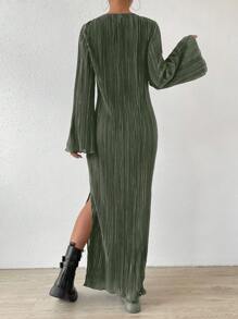 SHEIN Essnce 素色下擺開叉木耳邊褶皺連衣裙 - 橄欖綠 - 查看 2