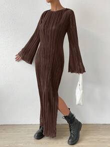 SHEIN Essnce 素色下擺開叉木耳邊褶皺洋裝