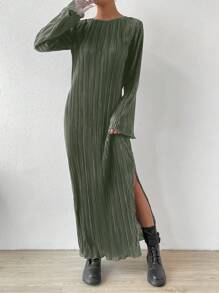 SHEIN Essnce 素色下擺開叉木耳邊褶皺連衣裙 - 橄欖綠 - 查看 3