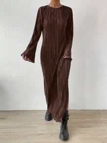 SHEIN Essnce 素色下擺開叉木耳邊褶皺洋裝