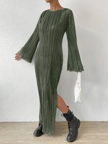 SHEIN Essnce 素色下擺開叉木耳邊褶皺連衣裙 - 橄欖綠 - 查看 4