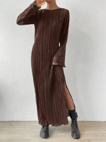 SHEIN Essnce 素色下擺開叉木耳邊褶皺洋裝