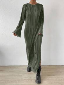 SHEIN Essnce 素色下擺開叉木耳邊褶皺連衣裙 - 橄欖綠 - 查看 5