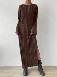 SHEIN Essnce 素色下擺開叉木耳邊褶皺洋裝