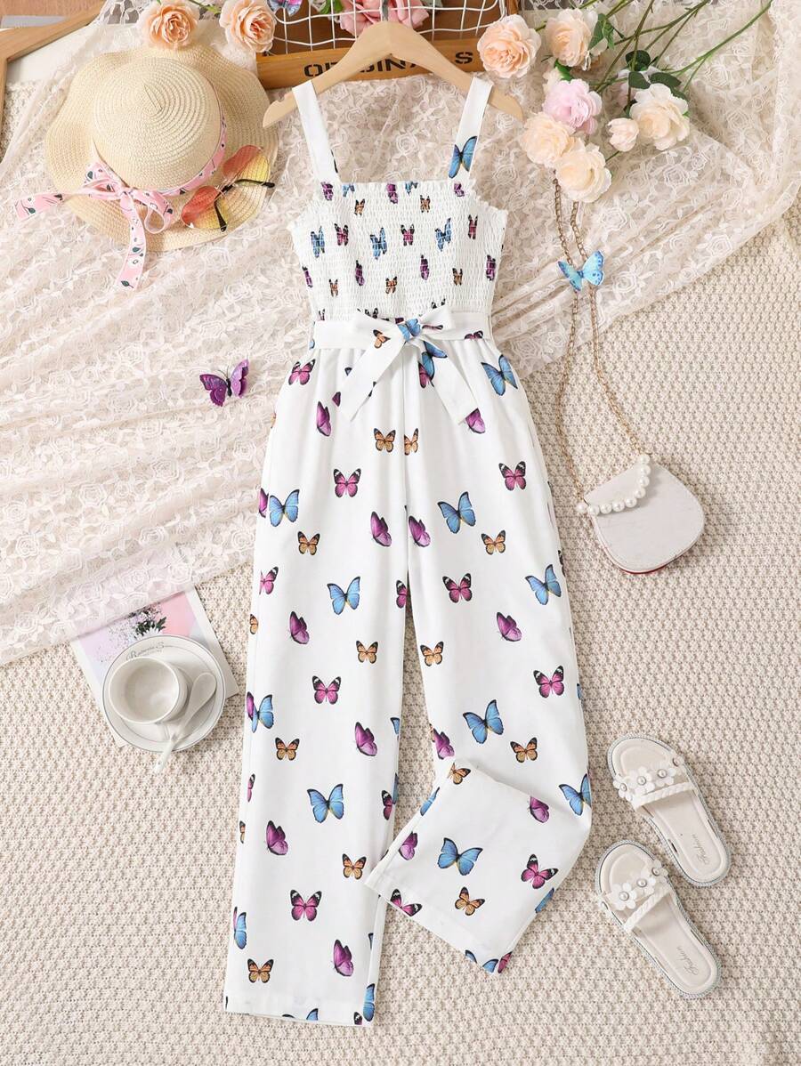 Sparklyn Tween Girl Butterfly Print Shirred Cami Jumpsuit - White - View 1