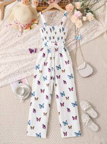 Sparklyn Tween Girl Butterfly Print Shirred Cami Jumpsuit - White - View 2