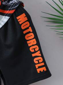 SHEIN 小男童摩托車和字母圖案T恤和短褲套裝 - 黑與白 - 查看 4