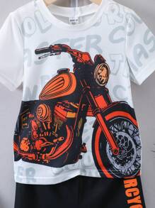 SHEIN 小男童摩托車和字母圖案T恤和短褲套裝 - 黑與白 - 查看 5
