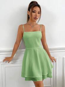 Muchica Summer Sexy Solid Color Criss-Cross Backless Spaghetti Strap Dress - Lime Green - View 4