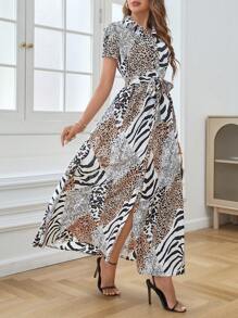 SHEIN Privé 斑馬條紋&豹紋印花腰帶襯衫連衣裙 - 彩色 - 查看 1